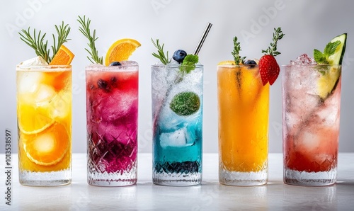 Selection of colorful mocktails. Non-alcoholic beverages, designed to mimic the flavors and presentation of cocktails. Generative AI