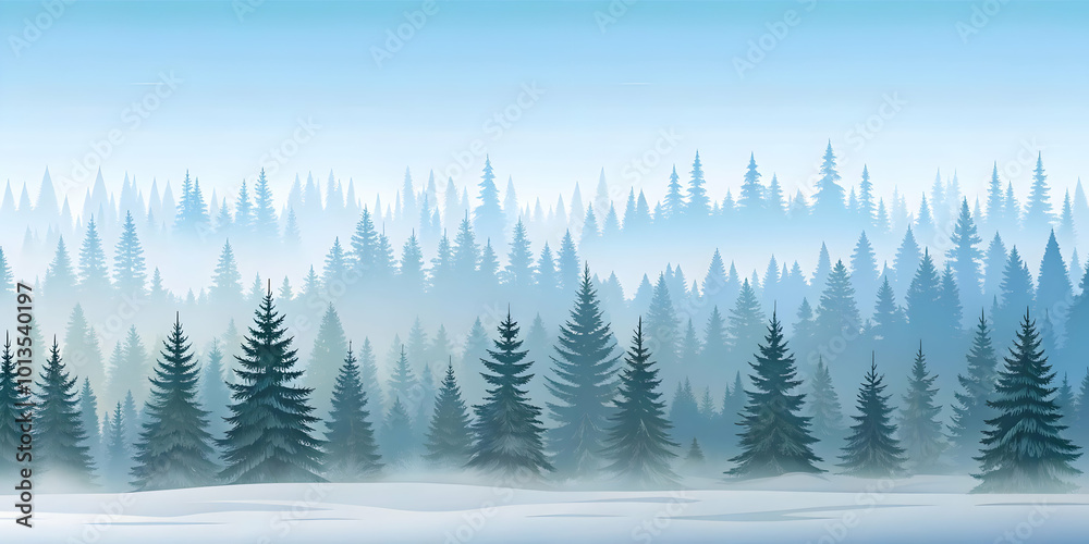 Fototapeta premium Flat Plain Snowy Forest with Rising Mist - Moody Winter Background, Atmospheric Fog, and Ample Copy Space for Text in Wide-Angle Perspective