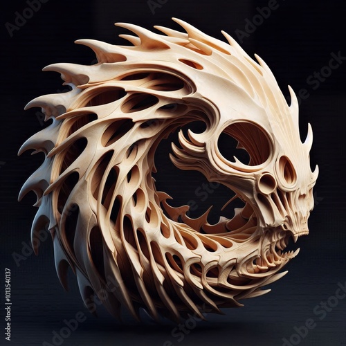 Intricately carved skull sculpture with ornate filigree design, showcasing detailed craftsmanship and artistic creativity on a dark background photo