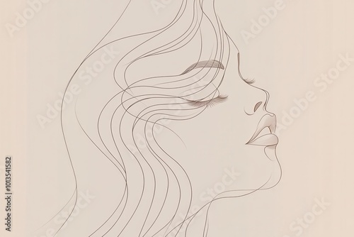 Flowing lines create the outline of a female face, showcasing an elegant and minimalist representation of beauty and grace. Generative AI