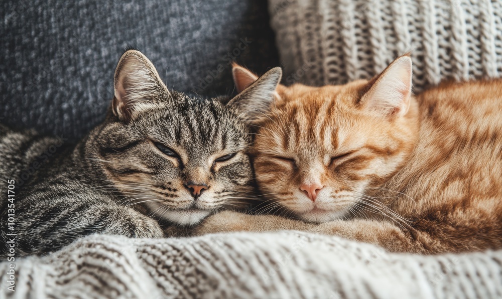 Two adorable cats, a gray tabby and an orange tabby, cuddling together in cozy warmth.