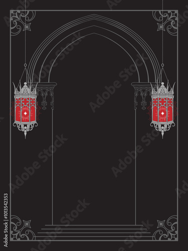 Gothic arch with lanterns gothic postcard, poster or book cover design element vector illustration