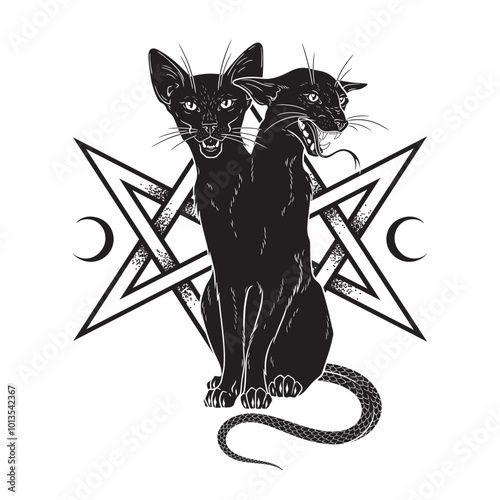 Black siamese cat monster with two heads isolated. Witch familiar spirit, halloween or pagan witchcraft theme print design vector illustration