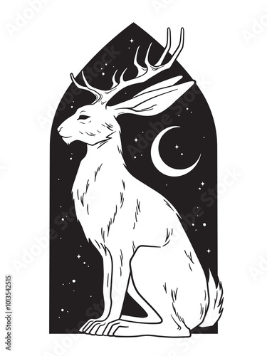 Jackalope hare with horns folklore magic animal over night sky with crescent moon hand drawn line art gothic tattoo design isolated vector illustration