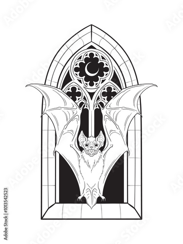 Vampire bat in front of the gothic cathedral window with crescent moon. Witch familiar spirit, halloween or pagan witchcraft theme print design vector illustration