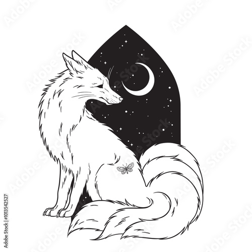 Kitsune fox with five tails folklore magic animal over night sky with crescent moon hand drawn line art gothic tattoo design isolated vector illustration