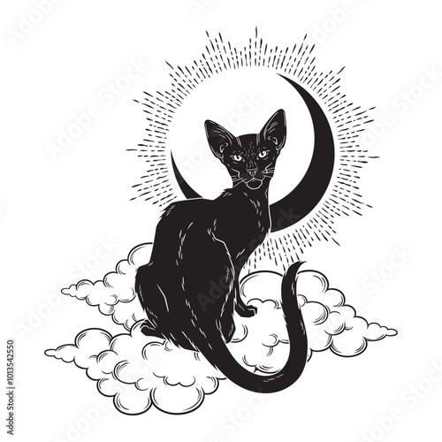 Black cat sitting on a cloud with crescent moon. Witch familiar spirit, halloween or pagan witchcraft theme print design vector illustration