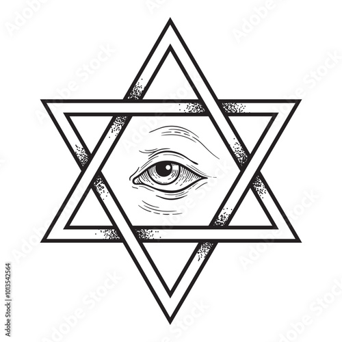 Hexagram and all seeing eye hand drawn dot work ancient pagan symbol of six-pointed star isolated vector illustration. Black work, flash tattoo or print design