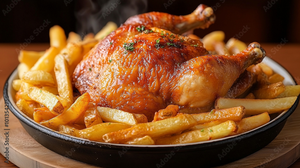 Le délice du dimanche, le poulet frites sorti du four, prêt à être savouré en famille, volaille et pomme de terre, gastronomie française Le délice du dimanche, le poulet frites sorti du four, prêt à être savouré en famille, volaille et pomme de terre, gastronomie française