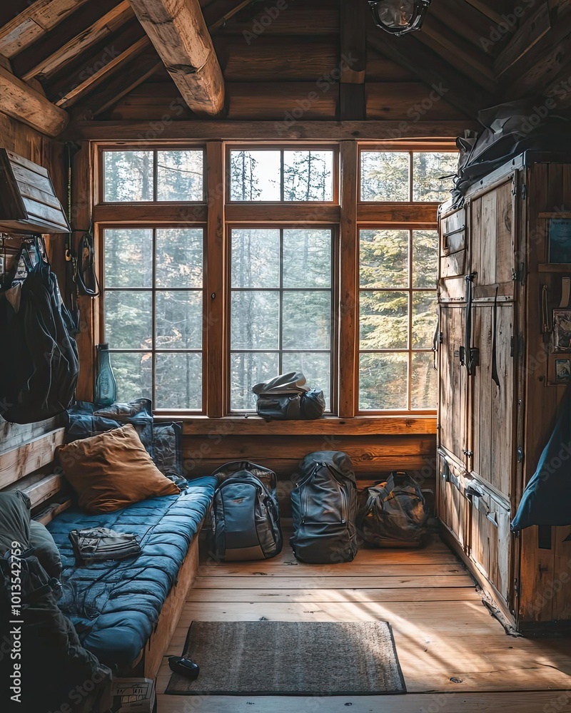 Rustic wooden travel locker in a mountain cabin, hiking gear scattered, sunlight streaming in. Rustic wooden travel locker in a mountain cabin, hiking gear scattered, sunlight streaming in.