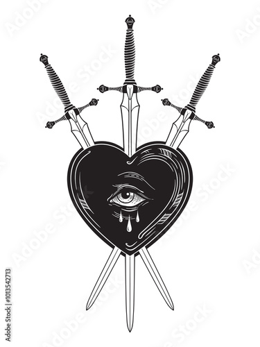 Line art heart with eye pierced with three swords hand drawn black and white art. Flash tattoo or print design vector illustration