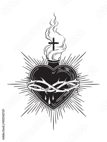 Holy heart of Jesus Christ in thorns hand drawn line art and dotwork. Flash tattoo or print design vector illustration