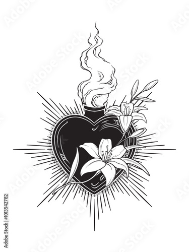 Holy heart of Joseph with lilies hand drawn line art and dotwork. Flash tattoo or print design vector illustration