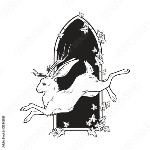Jackalope hare with horns folklore magic animal over gothic arch with poison ivy hand drawn line art gothic tattoo design isolated vector illustration