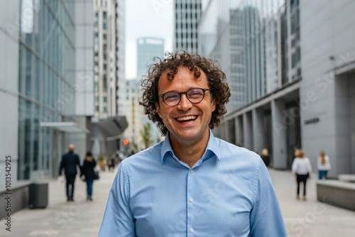 A person with curly hair and glasses smiles outdoors in an urban setting with tall buildings in the background.