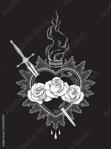 Holy heart of Mary with roses and sword hand drawn line art and dotwork. Flash tattoo or print design vector illustration