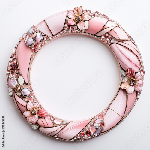 Cadre photo rond sur fond blanc en verre rose avec bijoux, détails céramiques et cristaux, décoration maximaliste au design coloré à accrocher au mur photo