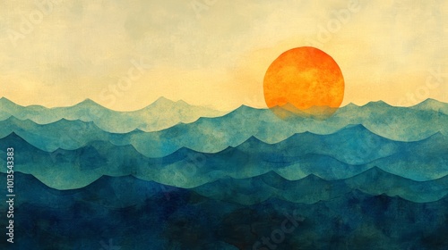 Abstract Watercolor Sunset Over Mountains