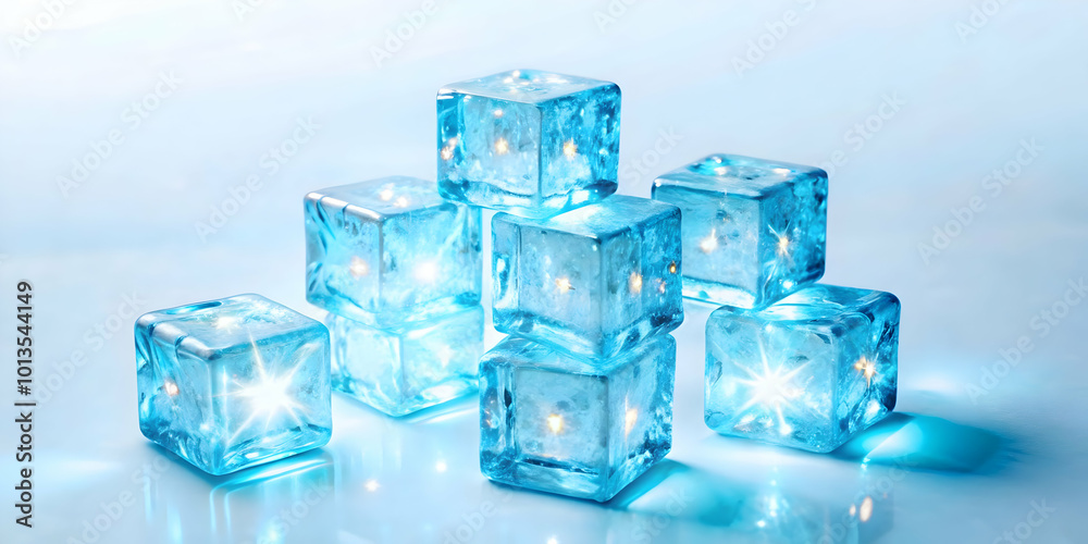 Flat Macro Illustration of Glowing Ice Cubes in a Futuristic Drink Concept - Capturing Radiant Texture and Winter Vibes in a Close-Up Shot Flat Macro Illustration of Glowing Ice Cubes in a Futuristic Drink Concept - Capturing Radiant Texture and Winter Vibes in a Close-Up Shot