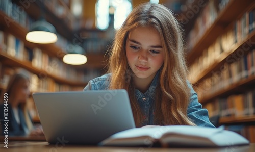 University Library: Talented Caucasian Girl Sitting at the Desk, Uses Laptop, Writes Notes for the Paper, Essay, Study for Class Assignment. Diverse Group of Students Learning, Studying for