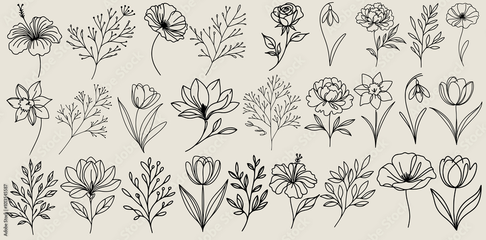 Fototapeta premium Flowers SVG, Flowers Bundle, Flora SVG, Nature SVG, Leaves SVG, Bouquet of flowers SVG, Aesthetic SVG, Floral Set, Rose SVG, Peony SVG, Tulip SVG, Flowers Silhouette, Line art, Cut file for Cricut PNG