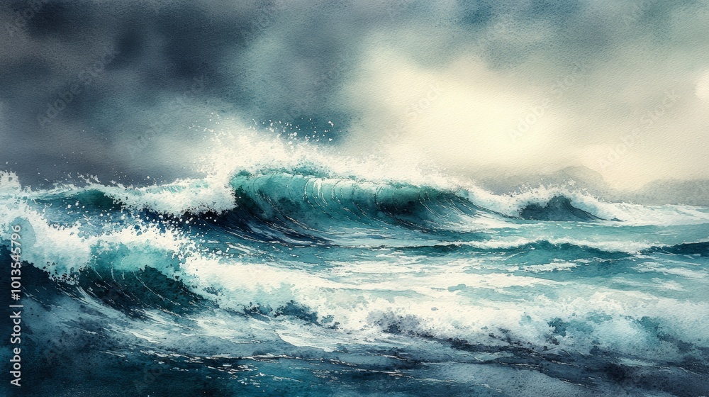 Watercolor Painting of Ocean Waves Under a Cloudy Sky Watercolor Painting of Ocean Waves Under a Cloudy Sky