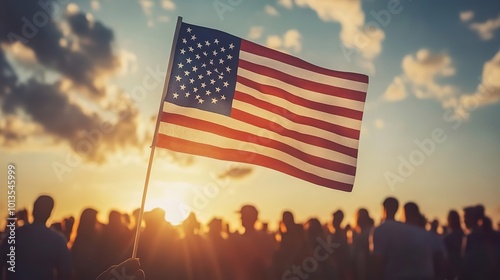 A dynamic scene of a community gathering for an election, with an American flag prominently displayed, emphasizing unity and participation