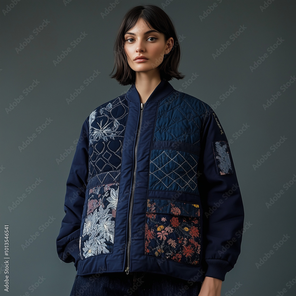 Femme brune portant une veste d'hiver matelassée bleu en patchwork, photographie de mode sur fond uni, concept de manteau chaud, tendance upcycling et recyclage des tissus Femme brune portant une veste d'hiver matelassée bleu en patchwork, photographie de mode sur fond uni, concept de manteau chaud, tendance upcycling et recyclage des tissus