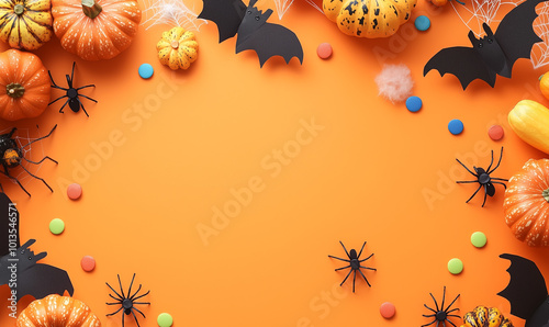 Arrière-plan sur le thème d'halloween : fond vide orange entouré de décorations d'automne effrayantes avec chauve-souris, bonbons, citrouille, toile d'araignées