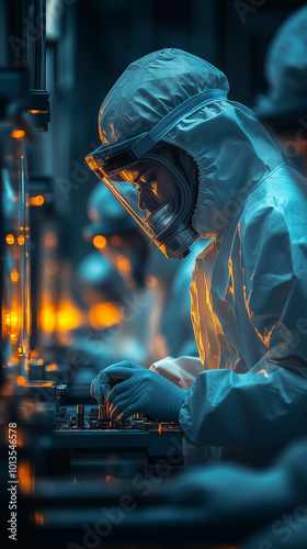 Technicien de laboratoire ou ouvrier en combinaison dans une usine : préparation de matériel industriel dans un environnement toxique, casque de protection et masque, biohazard photo