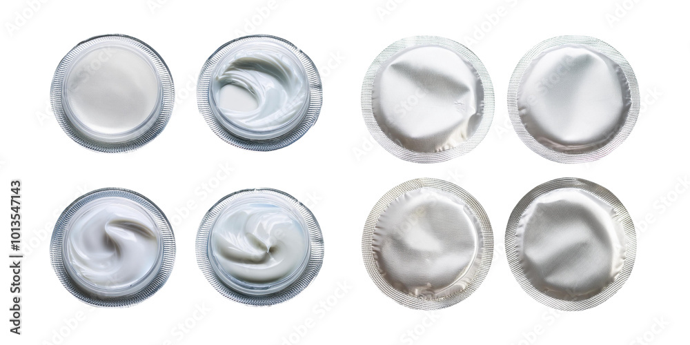 Set of sealed sachets containing cream and gel products, ideal for skincare or cosmetics. Isolated on transparent background for packaging visuals. Set of sealed sachets containing cream and gel products, ideal for skincare or cosmetics. Isolated on transparent background for packaging visuals.