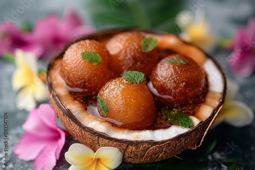 Gulab jamun served in a coconut shell, decorated with fresh mint and surrounded by tropical flowers, concept for exotic Indian desserts and festive Diwali or Holi feasts photo