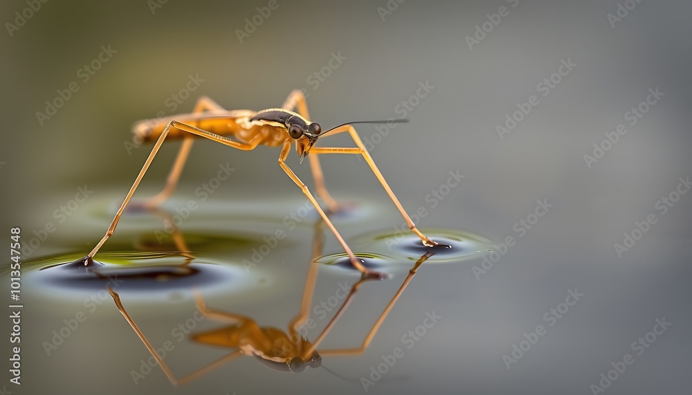 Naklejka premium The elongated legs of a water strider insect, skimming across a still pond, are captured in extreme close-up.