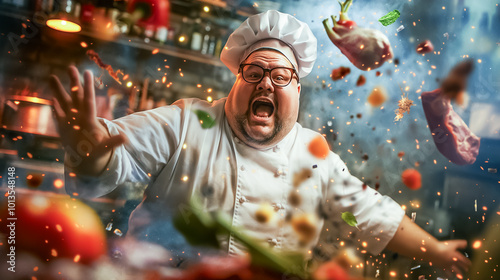 A chef in a busy kitchen passionately reacts as vegetables and meat fly through the air while preparing an exciting meal during the dinner rush