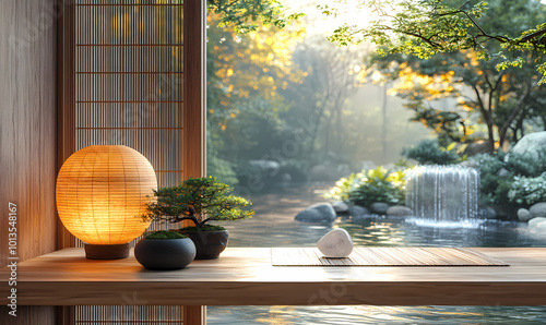 A serene Feng Shui-inspired workspace featuring a woo