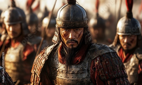 A warrior in armor, helmet, and red plumage.