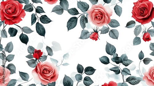 Watercolor floral pattern with red roses and green leaves on a white background.