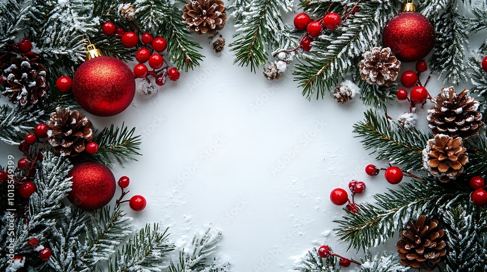 Christmas frame with pine branches, red baubles, pine cones, red berries and snow on a white background. Christmas frame with pine branches, red baubles, pine cones, red berries and snow on a white background.