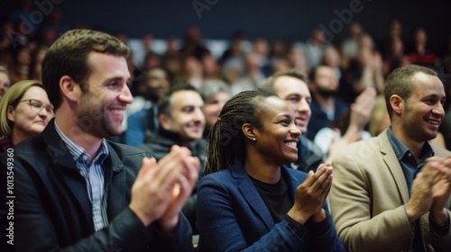 A joyful group of diverse people cheerfully applauding in an auditorium, capturing a moment of shared enthusiasm and community spirit.