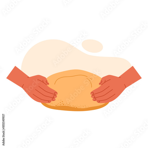  The process of kneading dough hands from wheat flour. Baked goods and pizza making. Homemade pastry concept. Isolated vector illustration in cartoon style