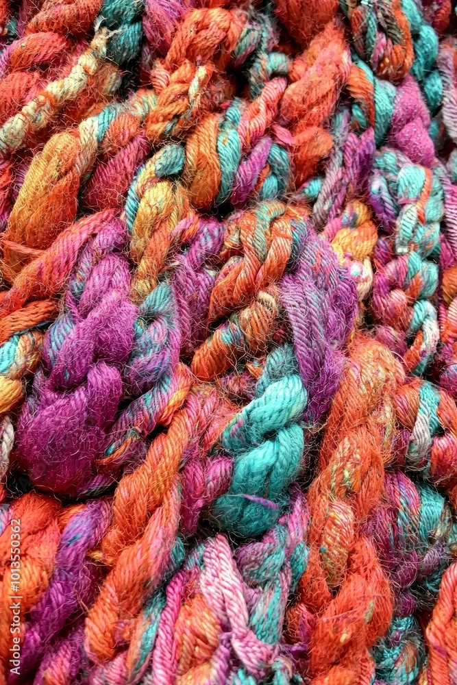 Close-up of Multicolored Twisted Yarn with Frayed Edges Close-up of Multicolored Twisted Yarn with Frayed Edges