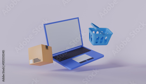 shopping online with laptop, product shipping packing, shopping bag or basket photo