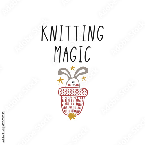 Handdrawn illustration of a winter hat and lettering knitting magic.  Card design.