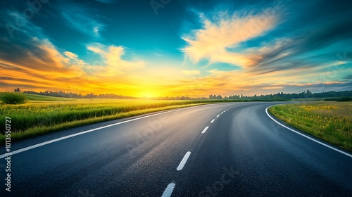 An empty asphalt road curves through a field of green grass towards a bright sunset with colorful clouds.