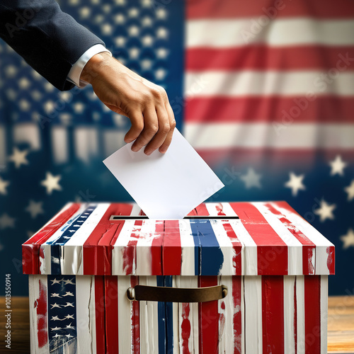 Hand putting a ballot paper into the ballot box. US flag pattern.