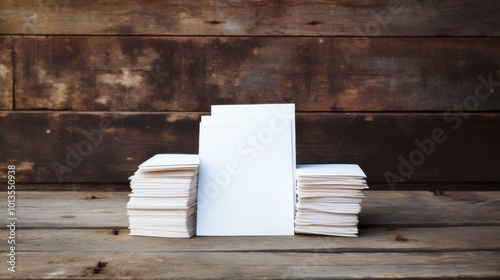 Neatly arranged paper stacks on a rustic table contrast with the weathered wooden background, creating a minimalist yet dynamic scene. photo