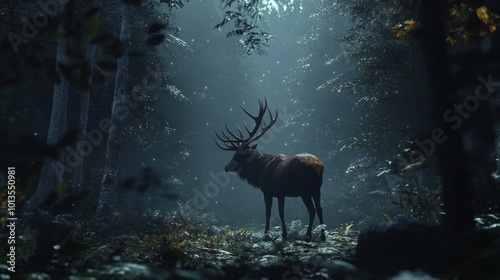 Majestic stag with antlers standing in a misty forest.