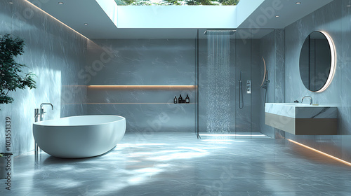 A sleek modern 3D bathroom design featuring a minimal