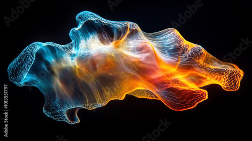 Translucent Fusion Shimmering Holographic Blob Pulsing in the Black Abyss. Generative AI