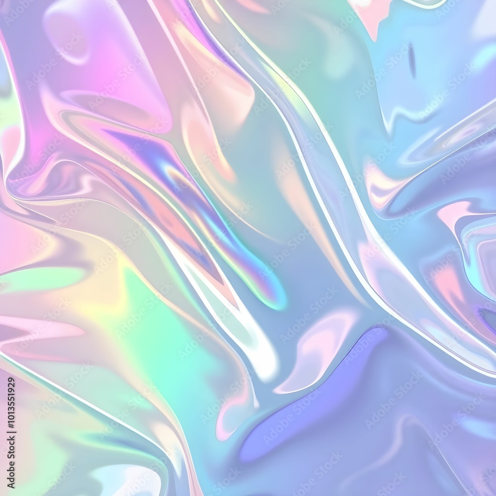 Fototapeta premium Abstract Iridescent Plastic Surface with Fluid Folds and Rainbow Reflections